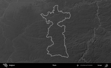 Thuin. Belçika 'nın idari alanı bir gri ölçekli yükseklik haritasında belirtilmiştir
