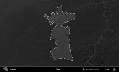 Thuin. Belçika 'nın idari alanı koyu gri tonlu bir yükselme haritasına vurgulandı ve özetlendi