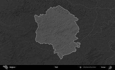 Bağlı. Belçika 'nın idari alanı koyu gri tonlu bir yükselme haritasına vurgulandı ve özetlendi