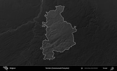 Verviers (Communaute francaise). Belçika 'nın idari alanı koyu gri tonlu bir yükselme haritasına vurgulandı ve özetlendi