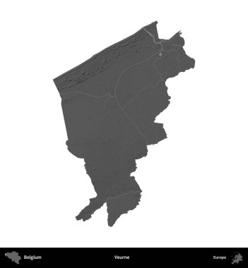 Veurne. Belçika 'nın idari bölgesi gri ölçekli yükseklik haritasında beyaza izole edildi
