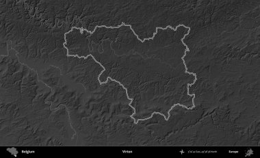 Virton. Belçika 'nın idari alanı bir gri ölçekli yükseklik haritasında belirtilmiştir