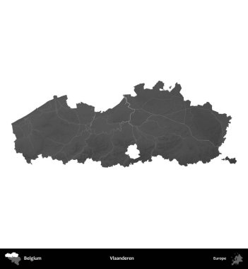 Vlaanderen. Belçika 'nın idari bölgesi gri ölçekli yükseklik haritasında beyaza izole edildi