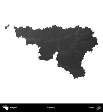 Wallonie. Belçika 'nın idari bölgesi gri ölçekli yükseklik haritasında beyaza izole edildi