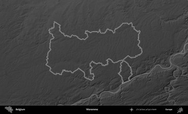Isın. Belçika 'nın idari alanı bir gri ölçekli yükseklik haritasında belirtilmiştir