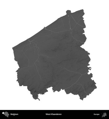 Batı-Vlaanderen. Belçika 'nın idari bölgesi gri ölçekli yükseklik haritasında beyaza izole edildi