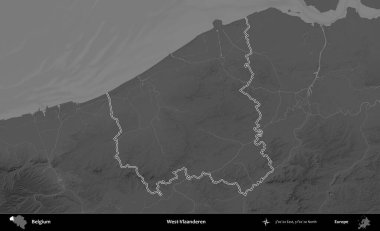 Batı-Vlaanderen. Belçika 'nın idari alanı bir gri ölçekli yükseklik haritasında belirtilmiştir