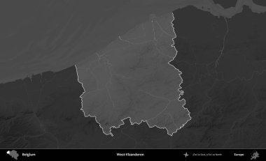 Batı-Vlaanderen. Belçika 'nın idari alanı koyu gri tonlu bir yükselme haritasına vurgulandı ve özetlendi