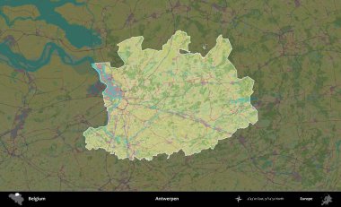 Antwerpen. Belçika 'nın idari alanı koyu renkli bir Topografik İnsani Stil haritasına vurgulandı ve özetlendi
