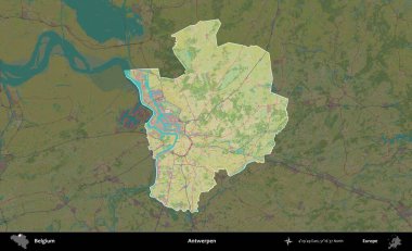 Antwerpen. Belçika 'nın idari alanı koyu renkli bir Topografik İnsani Stil haritasına vurgulandı ve özetlendi