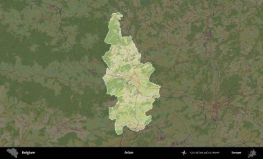 Arlon. Belçika 'nın idari alanı koyu renkli bir Topografik İnsani Stil haritasına vurgulandı ve özetlendi