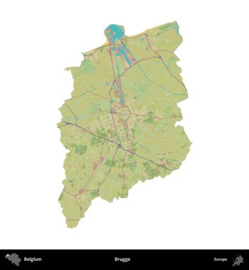Brugge. Belçika 'nın idari bölgesi Topografik İnsani Stil Haritası' nda beyaza izole edildi