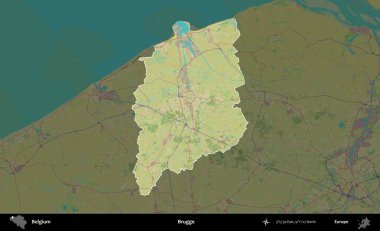 Brugge. Belçika 'nın idari alanı koyu renkli bir Topografik İnsani Stil haritasına vurgulandı ve özetlendi