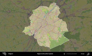 Bruxelles-Capitale Bölgesi - Brüksel Hoofdstedelijk Gewest. Belçika 'nın idari alanı koyu renkli bir Topografik İnsani Stil haritasına vurgulandı ve özetlendi
