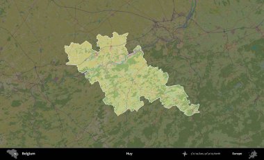 Huy. Belçika 'nın idari alanı koyu renkli bir Topografik İnsani Stil haritasına vurgulandı ve özetlendi