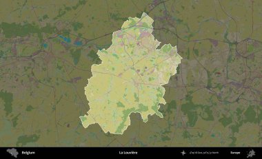 La Louviere 'de. Belçika 'nın idari alanı koyu renkli bir Topografik İnsani Stil haritasına vurgulandı ve özetlendi