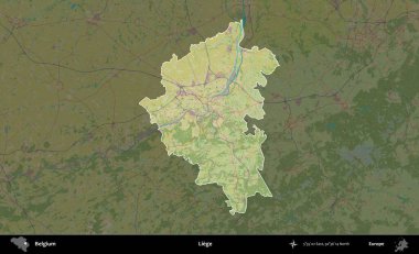 Liege. Belçika 'nın idari alanı koyu renkli bir Topografik İnsani Stil haritasına vurgulandı ve özetlendi