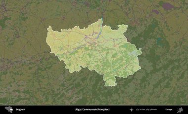 Liege (Communaute francaise). Belçika 'nın idari alanı koyu renkli bir Topografik İnsani Stil haritasına vurgulandı ve özetlendi