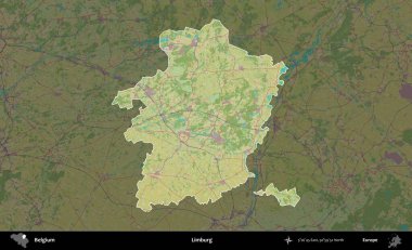 Limburg. Belçika 'nın idari alanı koyu renkli bir Topografik İnsani Stil haritasına vurgulandı ve özetlendi