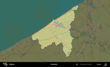 Oostende. Belçika 'nın idari alanı koyu renkli bir Topografik İnsani Stil haritasına vurgulandı ve özetlendi