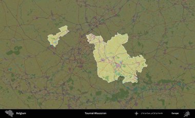 Tournai-Mouscron. Belçika 'nın idari alanı koyu renkli bir Topografik İnsani Stil haritasına vurgulandı ve özetlendi