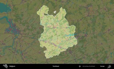 Katılım. Belçika 'nın idari alanı koyu renkli bir Topografik İnsani Stil haritasına vurgulandı ve özetlendi