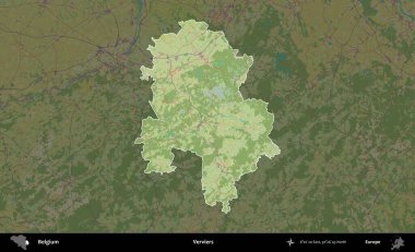 Vervierler. Belçika 'nın idari alanı koyu renkli bir Topografik İnsani Stil haritasına vurgulandı ve özetlendi