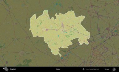 Cüzzamlı. Belçika 'nın idari alanı koyu renkli bir Topografik İnsani Stil haritasına vurgulandı ve özetlendi