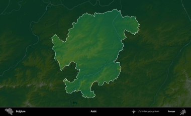 Aalst. Belçika 'nın idari alanı koyu renkli bir yükseklik haritasına vurgulandı ve özetlendi