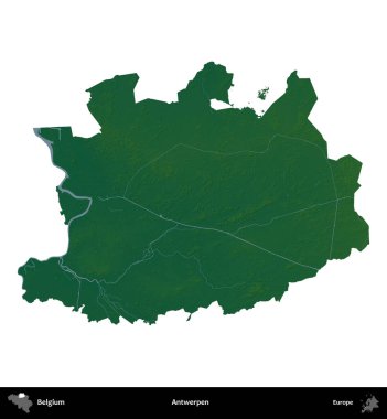 Antwerpen. Belçika 'nın idari bölgesi renkli bir yükseklik haritasında beyaz üzerine izole edilmiş