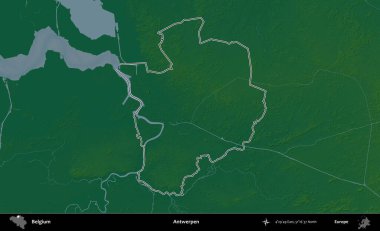 Antwerpen. Belçika 'nın idari alanı renkli bir yükseklik haritasında özetlenmiştir