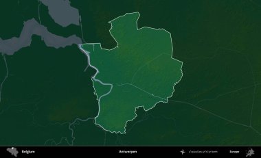 Antwerpen. Belçika 'nın idari alanı koyu renkli bir yükseklik haritasına vurgulandı ve özetlendi