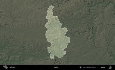 Arlon. Belçika 'nın idari alanı koyu renkli bir yükseklik haritasına vurgulandı ve özetlendi