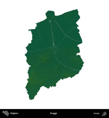 Brugge. Belçika 'nın idari bölgesi renkli bir yükseklik haritasında beyaz üzerine izole edilmiş