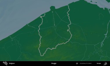 Brugge. Belçika 'nın idari alanı renkli bir yükseklik haritasında özetlenmiştir