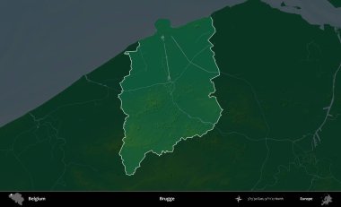 Brugge. Belçika 'nın idari alanı koyu renkli bir yükseklik haritasına vurgulandı ve özetlendi