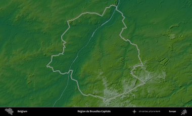 Bruxelles-Capitale Bölgesi - Brüksel Hoofdstedelijk Gewest. Belçika 'nın idari alanı renkli bir yükseklik haritasında özetlenmiştir
