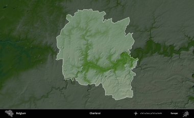 Charleroi. Belçika 'nın idari alanı koyu renkli bir yükseklik haritasına vurgulandı ve özetlendi