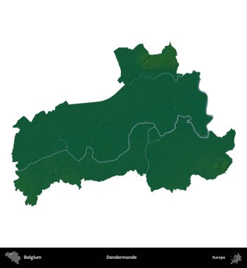 Dendermonde. Belçika 'nın idari bölgesi renkli bir yükseklik haritasında beyaz üzerine izole edilmiş