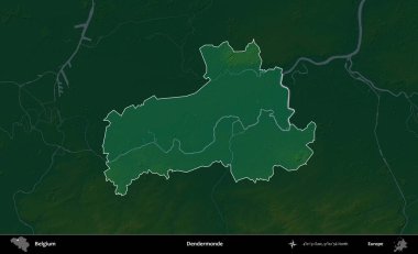 Dendermonde. Belçika 'nın idari alanı koyu renkli bir yükseklik haritasına vurgulandı ve özetlendi