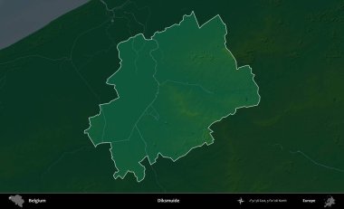 Diksmuide. Belçika 'nın idari alanı koyu renkli bir yükseklik haritasına vurgulandı ve özetlendi