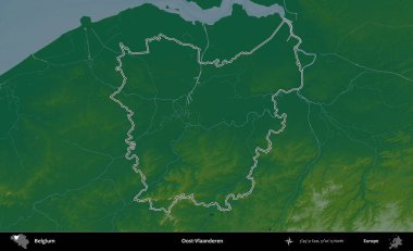 Oost-Vlaanderen. Belçika 'nın idari alanı renkli bir yükseklik haritasında özetlenmiştir