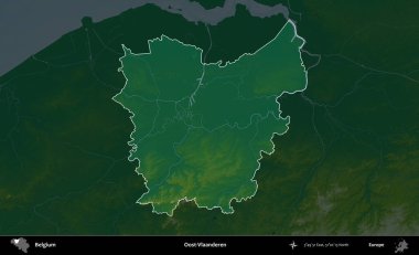 Oost-Vlaanderen. Belçika 'nın idari alanı koyu renkli bir yükseklik haritasına vurgulandı ve özetlendi