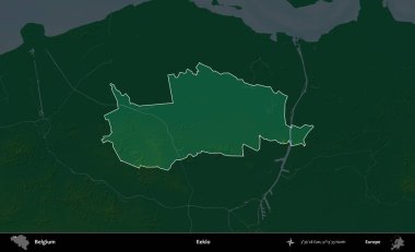 Eeklo. Belçika 'nın idari alanı koyu renkli bir yükseklik haritasına vurgulandı ve özetlendi