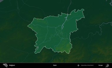 Beyler. Belçika 'nın idari alanı koyu renkli bir yükseklik haritasına vurgulandı ve özetlendi