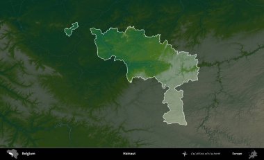 Hainaut. Belçika 'nın idari alanı koyu renkli bir yükseklik haritasına vurgulandı ve özetlendi