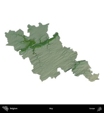 Huy. Belçika 'nın idari bölgesi renkli bir yükseklik haritasında beyaz üzerine izole edilmiş