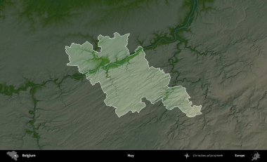 Huy. Belçika 'nın idari alanı koyu renkli bir yükseklik haritasına vurgulandı ve özetlendi
