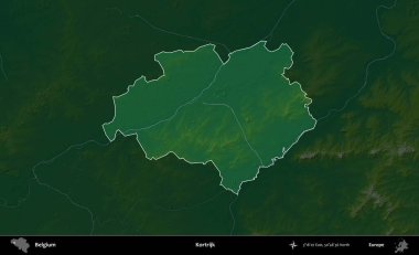 Kortrijk. Belçika 'nın idari alanı koyu renkli bir yükseklik haritasına vurgulandı ve özetlendi