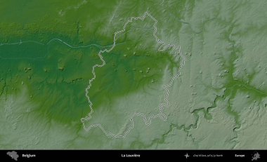 La Louviere 'de. Belçika 'nın idari alanı renkli bir yükseklik haritasında özetlenmiştir